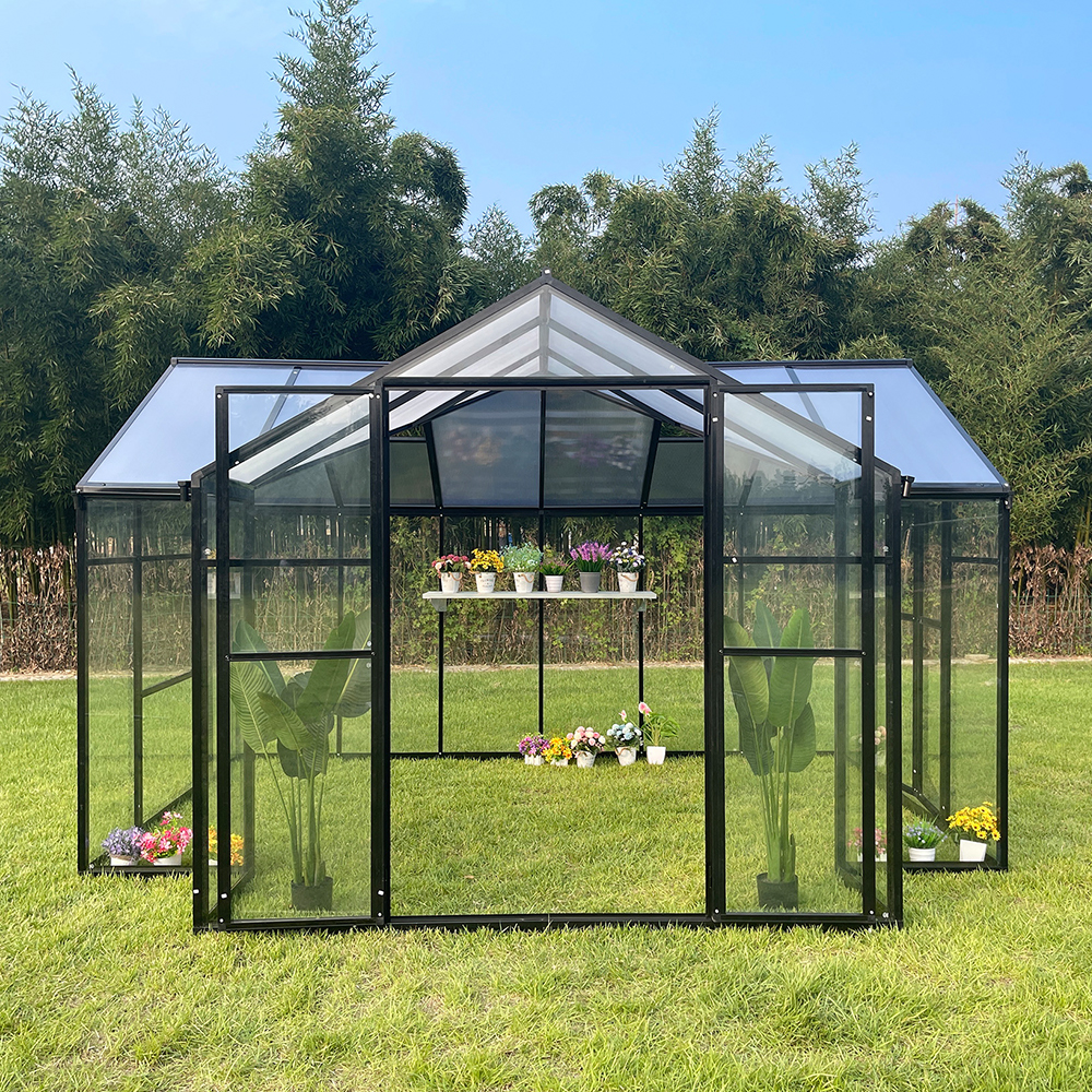 T-SHAPE 369x238x226cm Double Hinged Aluminium Frame Door Glass Greenhouse