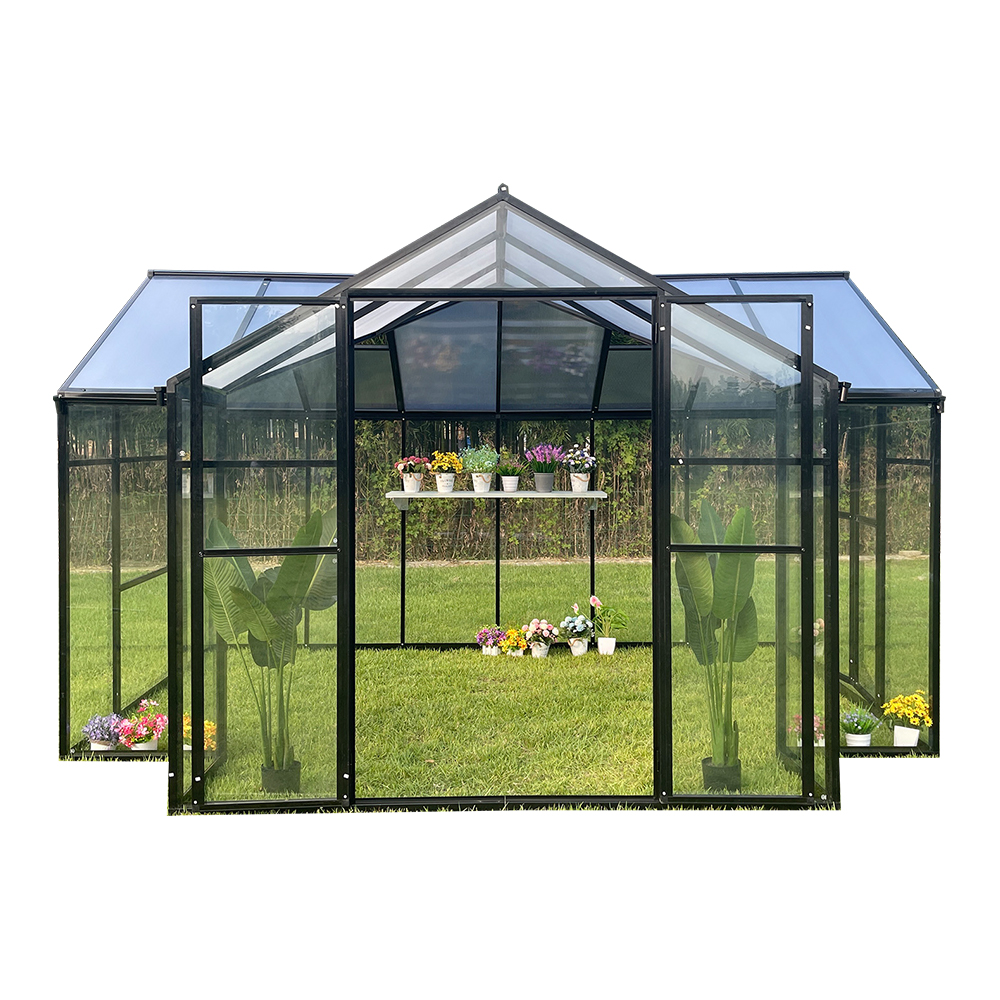 T-SHAPE 369x238x226cm Double Hinged Aluminium Frame Door Glass Greenhouse