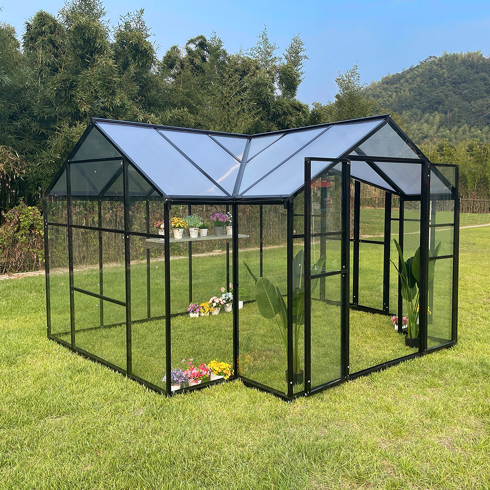 T-SHAPE 369x238x226cm Double Hinged Aluminium Frame Door Glass Greenhouse