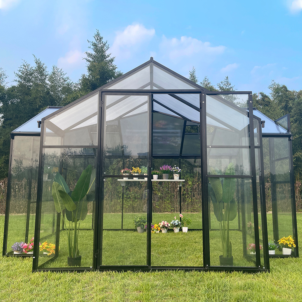 T-SHAPE 369x238x226cm Double Hinged Aluminium Frame Door Glass Greenhouse