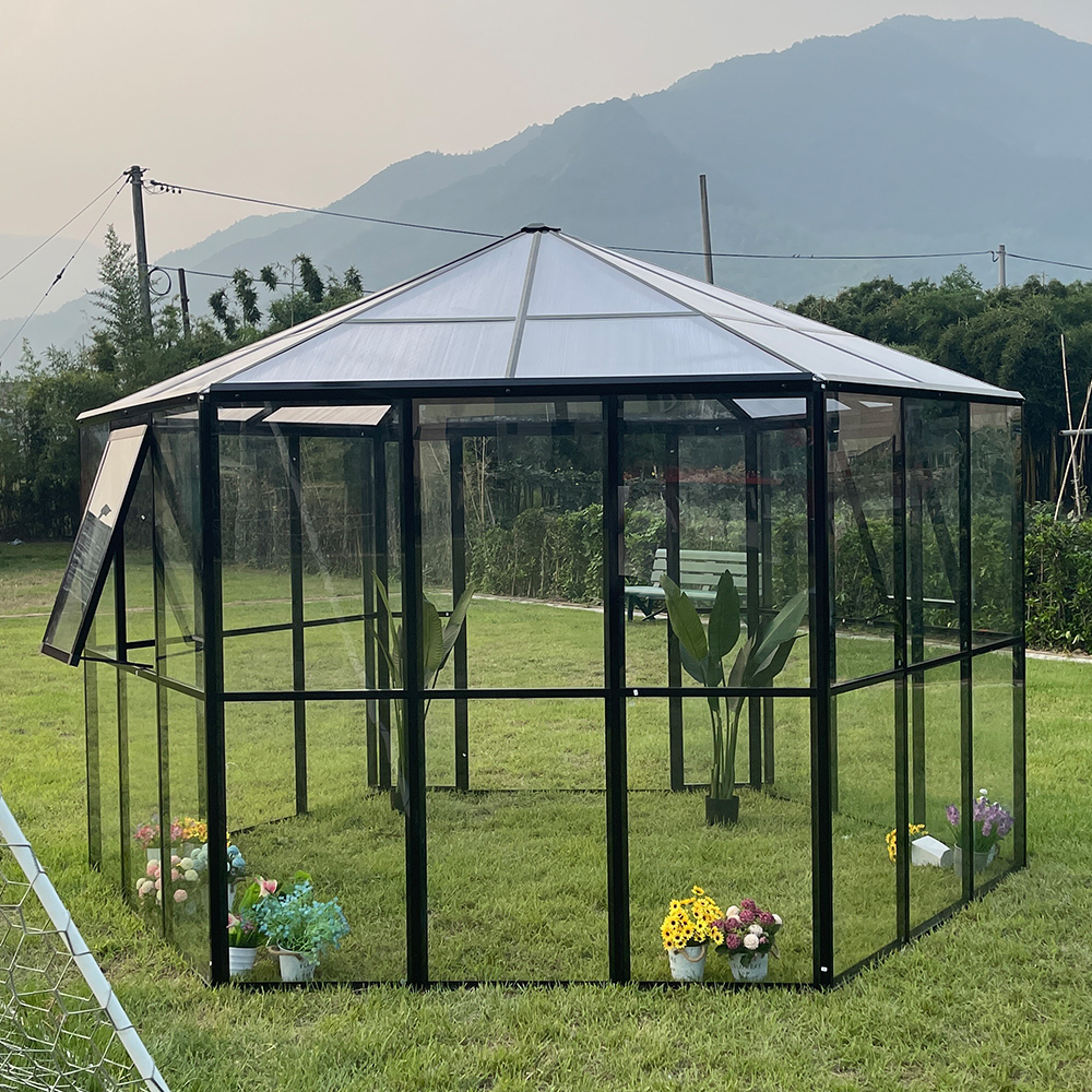 180x180x228cm Hexagonal Double Hinged Door Glass Greenhouse